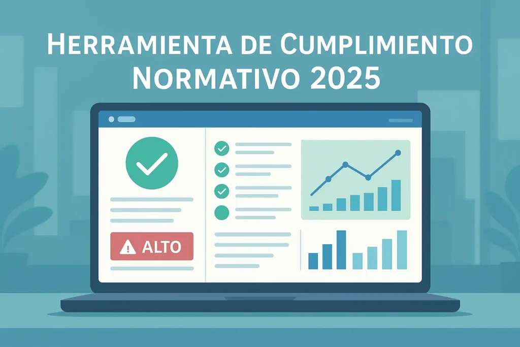 Banner con dashboard de software de cumplimiento normativo y texto “Herramienta de Cumplimiento Normativo 2025”