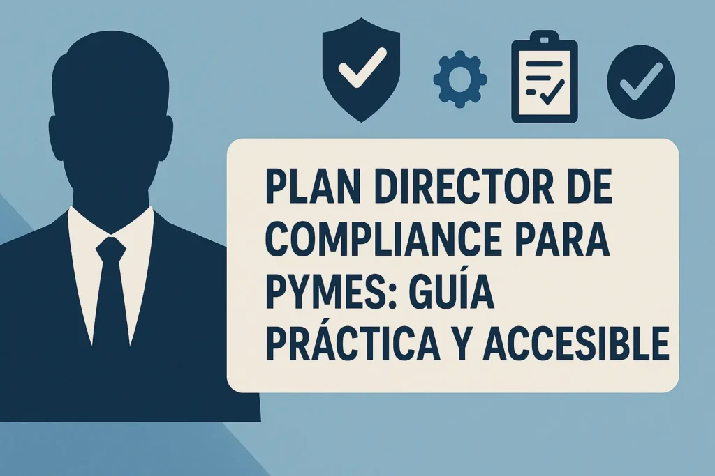 Banner digital sobre plan director de compliance para PYMES con ilustración de ejecutivo revisando checklist
