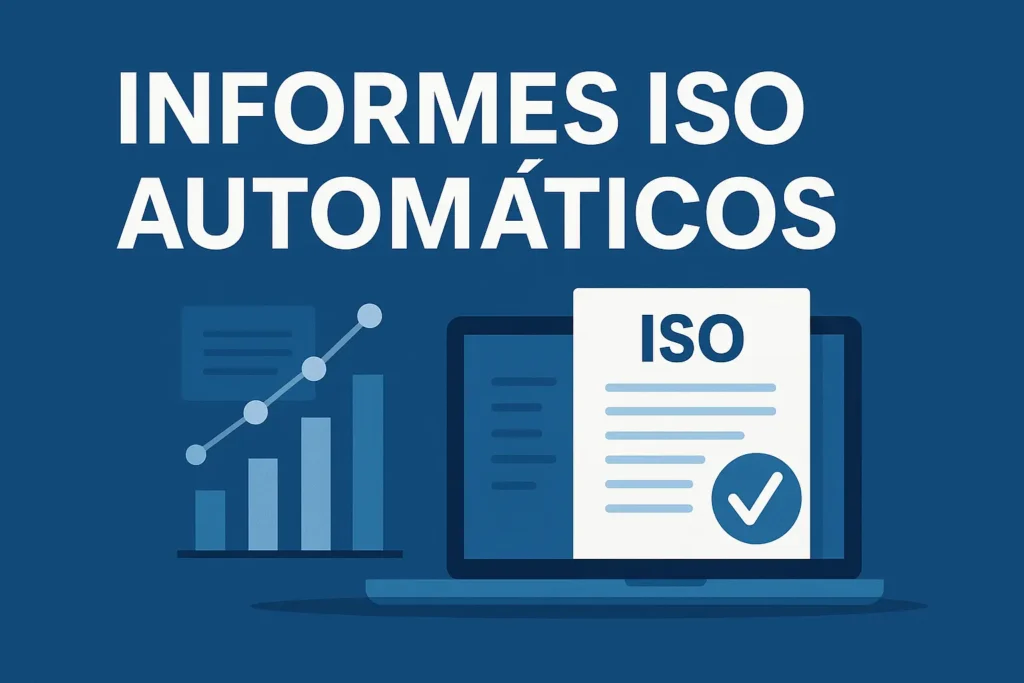 Gráfico digital que representa informes ISO automáticos con gráficos y documentos en pantalla