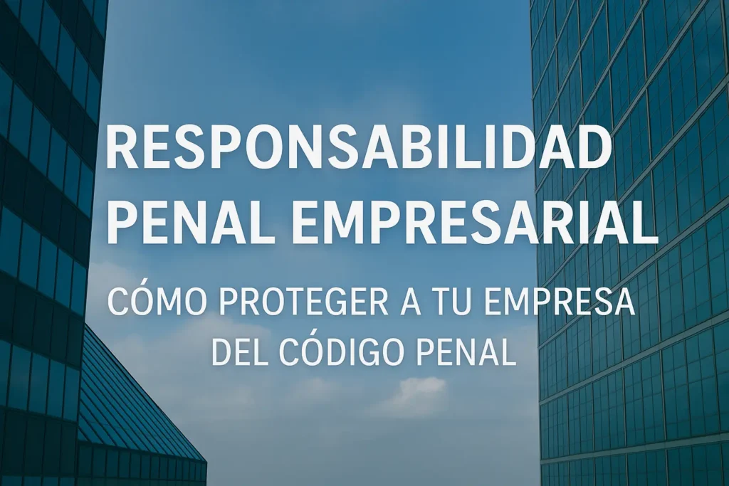Banner sobre responsabilidad penal empresarial con edificios modernos de fondo