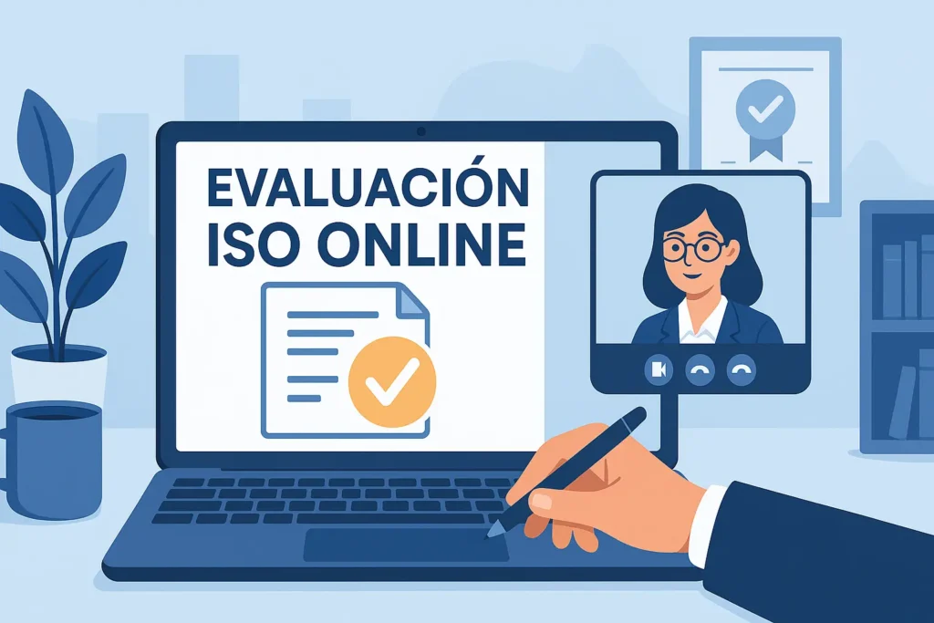 Evaluación ISO online desde laptop con auditoría virtual en pantalla