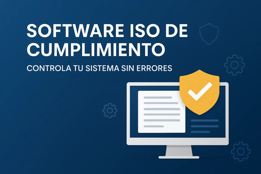 Banner con fondo azul que dice “SOFTWARE ISO DE CUMPLIMIENTO - CONTROLA TU SISTEMA SIN ERRORES”, con un monitor y un escudo con check amarillo.