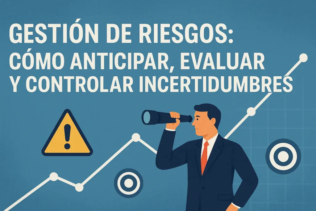 Ilustración conceptual de gestión de riesgos con gráfico ascendente, hombre con prismáticos y símbolos de advertencia y objetivo.
