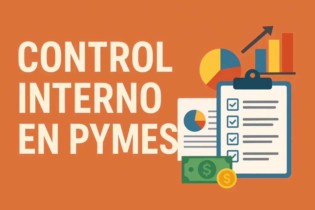 Banner con el texto “Control Interno en PYMES” sobre fondo naranja, acompañado de gráficos, checklist y símbolos financieros.