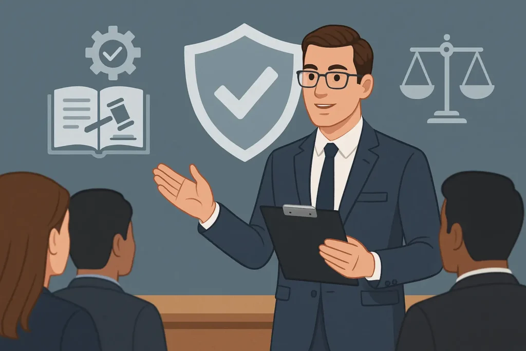 Persona de negocios asesorando sobre cumplimiento normativo, con iconos de seguridad y legalidad al fondo.