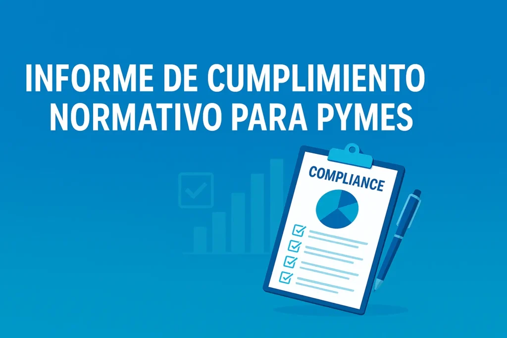 Informe de cumplimiento normativo ilustrado en clipboard con gráfico de pastel