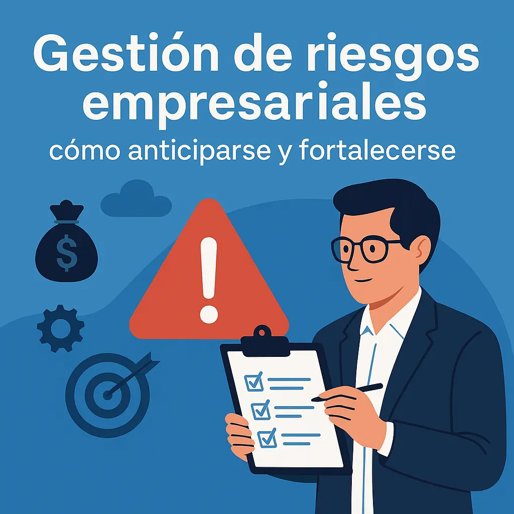 Ilustración sobre gestión de riesgos empresariales con hombre revisando checklist y signo de advertencia.